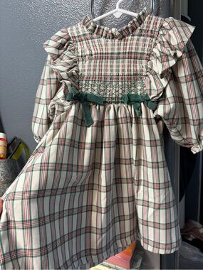 Bonnie Jean Cream Plaid Dress with Green and Red Accents